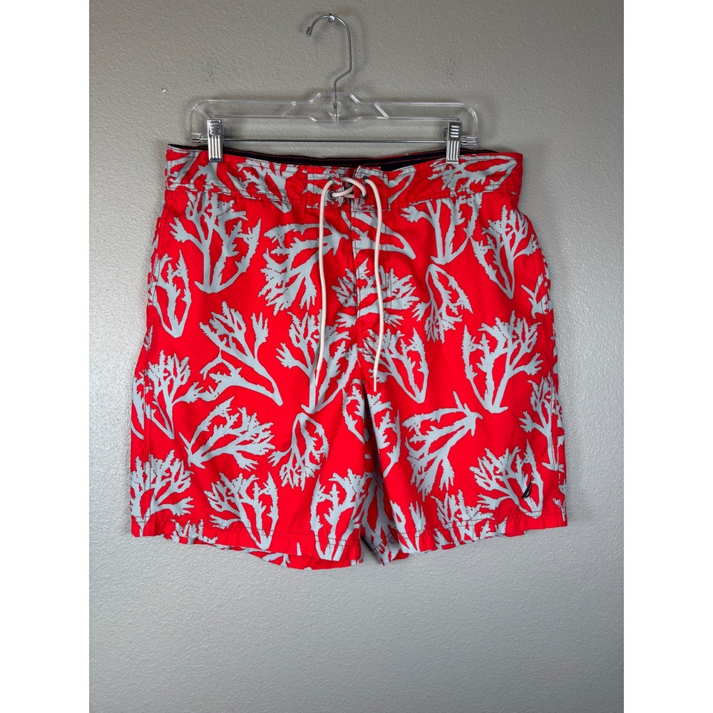 Nautica Mens Swim Trunks Red Coral Print Board Shorts Mesh Lining Large